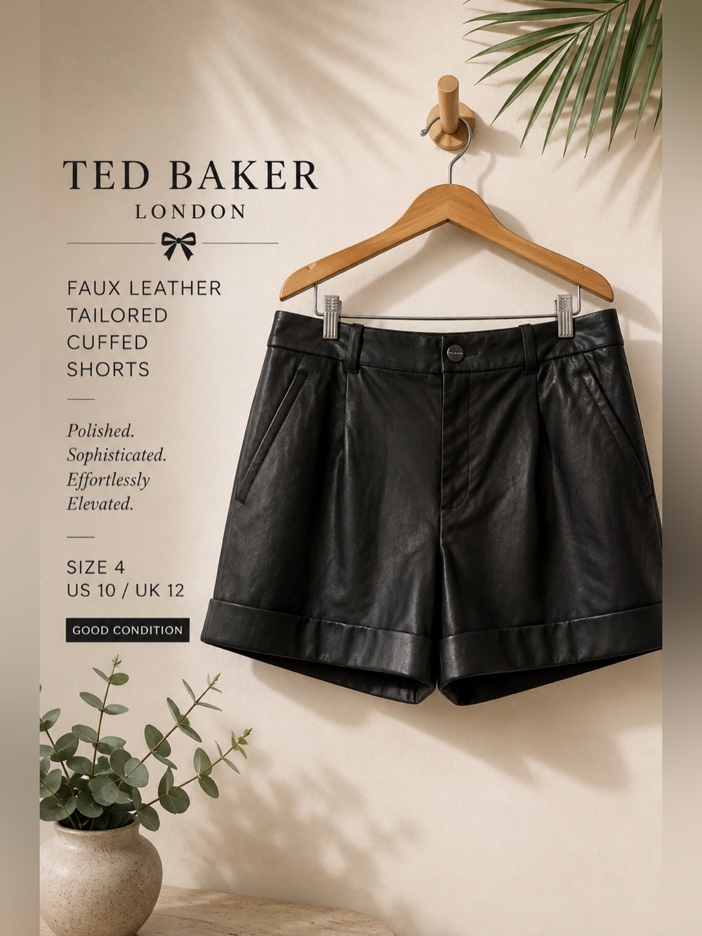 Ted Baker London Black Faux Leather Tailored Cuffed Shorts Size 4
